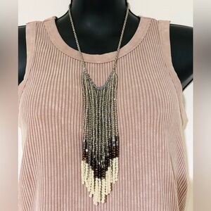 Chico’s Statement Necklace Silver Tone Long Mixed Bead Pearl Chain Chicos